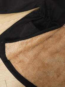 SHEIN Tween Girl 女童贴片细节抽绳腰部毛茸茸饰边连帽保暖内衬派克大衣，非常适合秋冬季休闲、日常穿着和上学日常穿着 - 黑色 - 查看 6