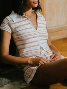 SHEIN Unity 条纹度假针织衫，开放式针脚和纽扣前部，女士海滩装 - 彩色 - 查看 6