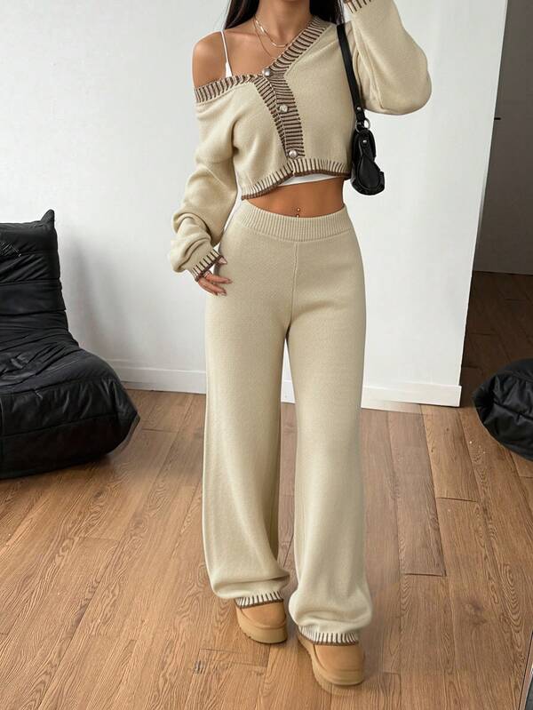 SHEIN PETITE Women's Woolen Loose Home Two Pieces Suit Home Comfortable Leisure Suit Knit Two Pieces Set Two Pieces Set Women Comfy Pants Two Pieces Set Beige Two Pieces Set Comfortable Two Pieces Set Autumn Winter Clothes For Women