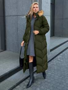 EURMUSE Gesteppter Kunstpelz Kapuzen Damen Daunenjacke, leuchtender Stoff, modisch und warm im Winter - Armeegrün - Übersicht 9