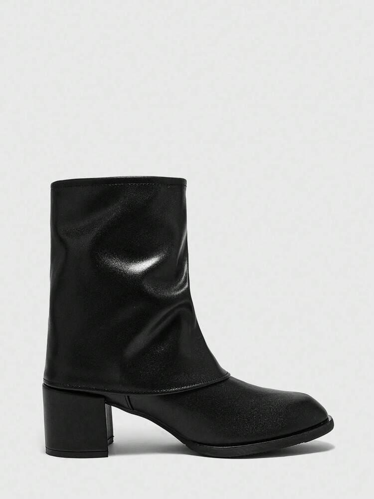 CUCCOO BIZCHIC Women's Fashion Side Zipper Pleated Shaft Boots, Retro Casual Comfortable Versatile Black Mid-Calf Boots