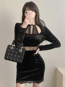 DAZY Women's Fashion Sexy Lace Patchwork Bodycon Dress Prom Dress - Black - View 1