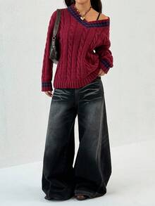 SHEIN PETITE Women's Casual V-Neck Contrast Piping Cable Knit Pullover Sweater, Cricket Jumper, Autumn/Winter - Burgundy - View 5