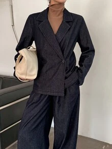 DAZY Women's Loose Denim Jacket With Collar And Straight-Leg Denim Pants Casual Denim Set - Dark Wash - View 7