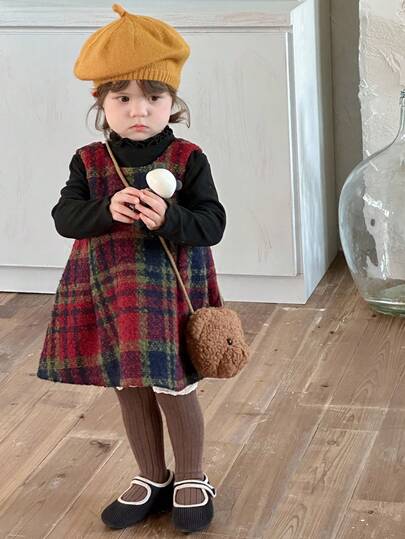 DAZY Toddler Girls' Plaid Korean Style Sleeveless Square Neck Mid-Length Dress, Autumn/Winter