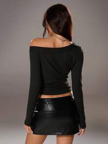 TRNVIE 1 件女式不对称肩部收腰针织长袖 T 恤，适合派对、通勤、春秋冬 - 黑色 - 查看 2