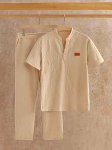 Manfinity BRENVOR 2pcs Men's Fitted Knit Casual T-Shirt Set, Suitable For Summer - Khaki - View 4