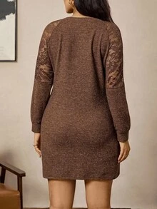 Zelara Váy dài tay cỡ lớn họa tiết đồng xu cổ điển phối ren nối cỡ lớn cho nữ Váy dài tay màu nâu cỡ lớn Váy dài tay màu nâu cho nữ Váy thu màu nâu cà phê Váy tay ren màu nâu Váy dài tay cho nữ Váy dài tay cong - Cà phê nâu - Xem 2