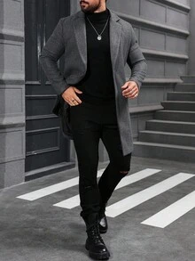 Manfinity Homme 男士加大码纯色翻领单排扣休闲外套，秋冬男士正装外套，男士长款灰色外套，男士灰色外套，男士长款羊绒商务休闲秋季男士冬季 - 深灰色 - 查看 3