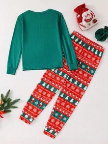 SHEIN Tween Boy Christmas Element Pattern Snug Fit Comfortable Long Sleeve Crew Neck Pajama Set, Suitable For Autumn/Winter - Green - View 2