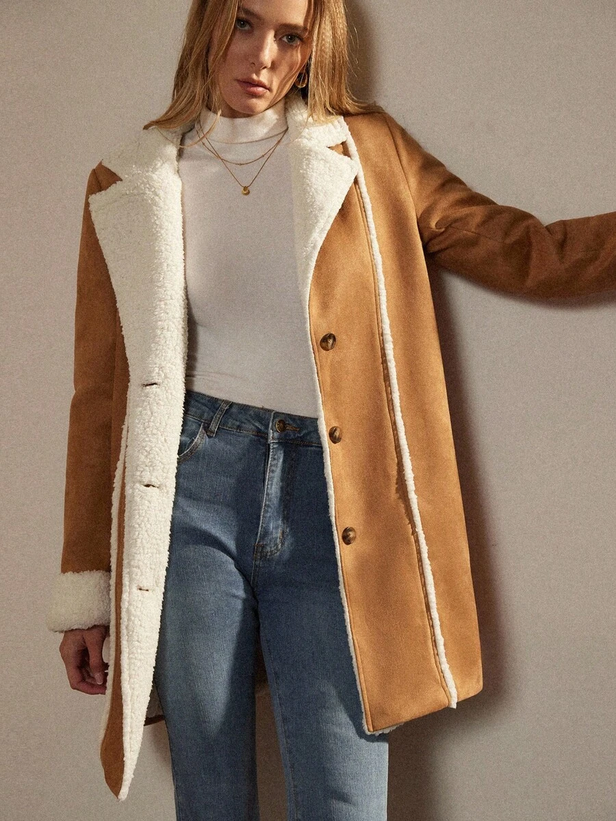 Écloséra Französischer Retro-Brauner Herbst- und Wintermantel mit mittellangen, lockeren Nähten für Damen im regulären Stil für den Winter - Khaki - Übersicht 1