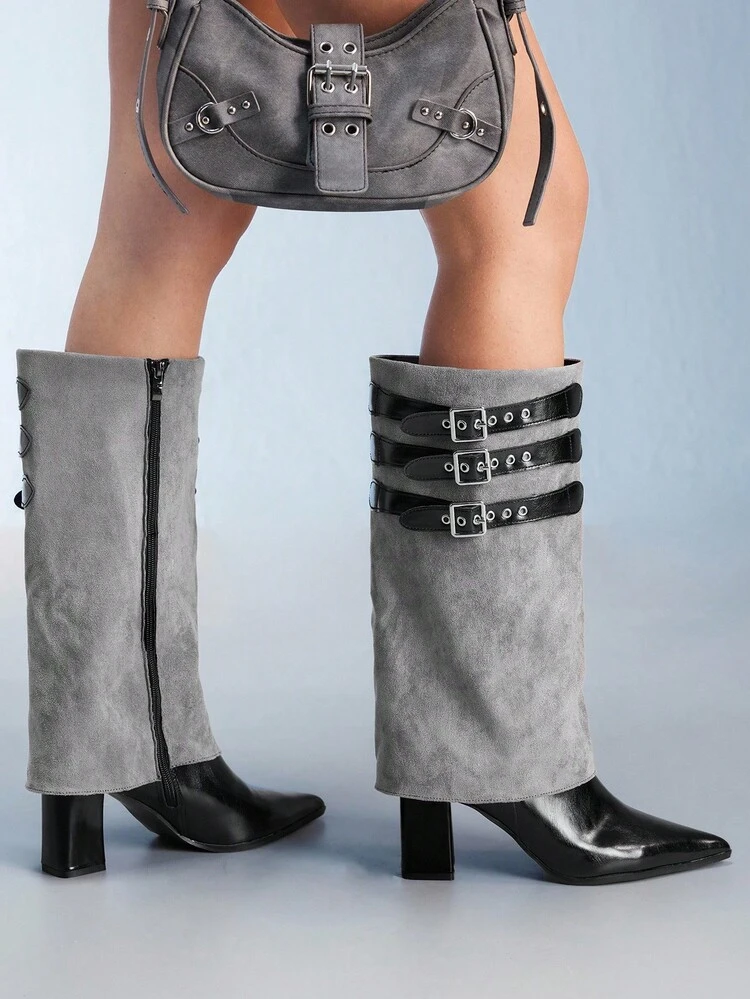 CUCCOO GRLICON High Shaft Pointed Toe Chunky Heel Side Zipper European And American Fashion Women Boots