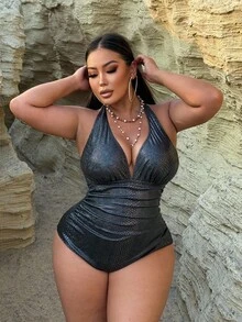 Swim SXY 大码女式高弹力特殊面料深V领性感别致连体泳衣 - 黑色 - 查看 5