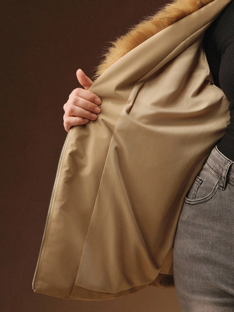 Plus Size Fashion Fur Collar Belted Jacket, Autumn/Winter