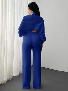EURMUSE 2 Pieces Ribbed Knit Lounge Set Featuring Asymmetrical Sweater With Decorative Bow Accents And Matching High-Waisted Pants - Royal Blue - View 2