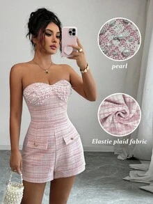 Elenzga 无袖格子珍珠装饰优雅浪漫修身女式连体短裤 - 彩色 - 查看 1