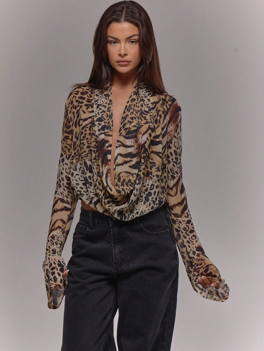 MUSERA Animal Print Extreme Plunge Draped Front Flared Cuff Top Boho Occasion Sexy Going Out Autumn Fall Night Out Winter Cute Date Night Elegant Holidays Party Spring Summer - Multicolor - View 1