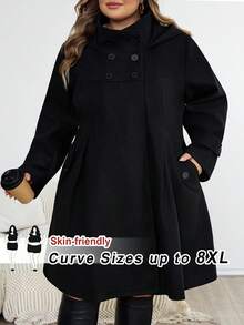 SHEIN CURVE+ 大码女式黑色连帽收腰 A 字型大衣，秋冬休闲风格 - 黑色 - 查看 9
