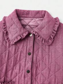 lacRébo Spring Summer Dusty Pink Quilted Jacket With Ruffled Collar And Button Front Winter Women Clothes Spring Summer Purple Jacket Women Jackets - Purple - View 8