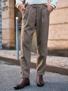 HIMLAND Men's Plaid Casual Pants For Commuting, Autumn/Winter Plaid Pants High Waisted Pants Brown Dress Pants Suit Pants