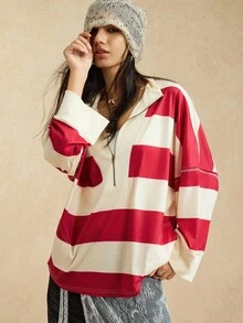 Easelle Vintage Western Cowgirl Damen Sweatshirts Rot gestreifter bequemer Sweatshirt mit Reißverschluss Stehkragen Herbst Winter Damen Sweatshirt - Verschiedenfarbig - Übersicht 3