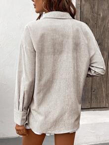 EMERY ROSE 女式休闲条纹落肩长袖纽扣口袋衬衫 - 彩色 - 查看 2