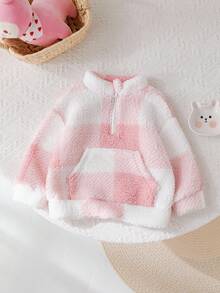 SHEIN 女婴可爱温暖格子羊毛领拉链连帽衫，适合外出，秋冬季（2 件母女配套服装单独出售）