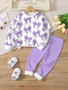 SHEIN Leap Crew Bộ 2 quần nỉ cổ tròn in nơ cổ điển thường ngày cho bé gái tuổi teen, thoải mái cho mùa thu/đông - Nhiều màu - Xem 2
