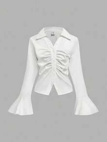 Tween Girl White Collared Shirt, Fitted Waist & Flare Sleeve, V-Neck, Elegant Casual & Versatile, Spring, Fall, Winterholiday,Summer,Travel,Getaway - White - View 7