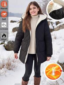 Emery Rose Kids Emery Rose Kids 青少年女孩黑色羽绒大衣，休闲羊毛绗缝连帽口袋中长款拉链宽松落肩夹克秋冬 - 黑色 - 查看 1