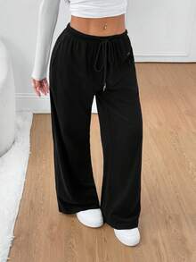 SHEIN PETITE 2-Way 羊毛女式抽绳腰直筒宽松休闲裤 - 黑色 - 查看 5