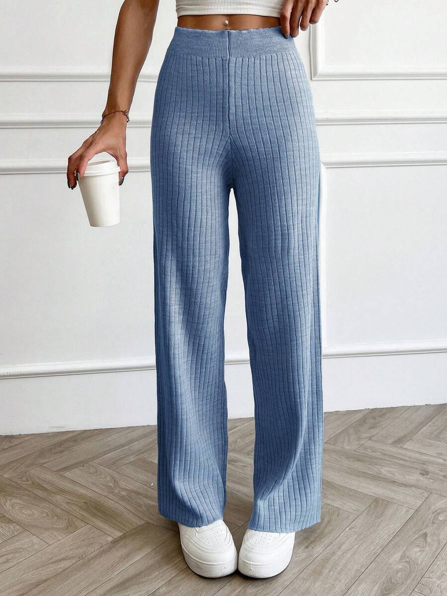 EURMUSE Women's Rib Knitted Straight High Waist Knit Pant - Baby Blue - View 1