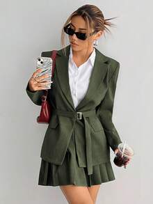 Flirla Solid Color Loose Waist Blazer Jacket And A-Line Pleated Skirt Suit, Early Autumn