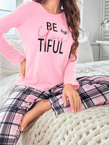 Women's Letter Print Round Neck Long Sleeve Top And Plaid Pants Pajama Set, Fall Clothes