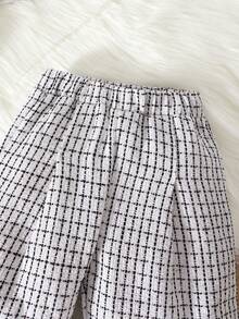 SHEIN Elladie kids 年轻女孩时尚黑白格子假口袋长袖外套，搭配宽松舒适的裤子，秋冬装扮 - 白色 - 查看 7