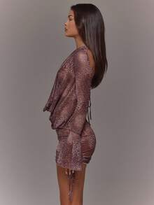 MUSERA Áo lưới xuyên thấu tay dài xòe rộng, viền nhún, họa tiết da bò, dễ thương, gợi cảm, vui nhộn, phong cách lễ hội, tiệc tùng, đi chơi, dự tiệc mùa xuân hè. - màu nâu - Xem 4