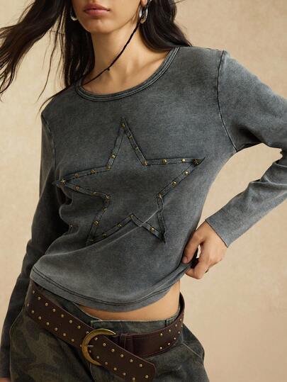 Easelle 女式针织紧身圆领长袖五角星图案休闲T恤