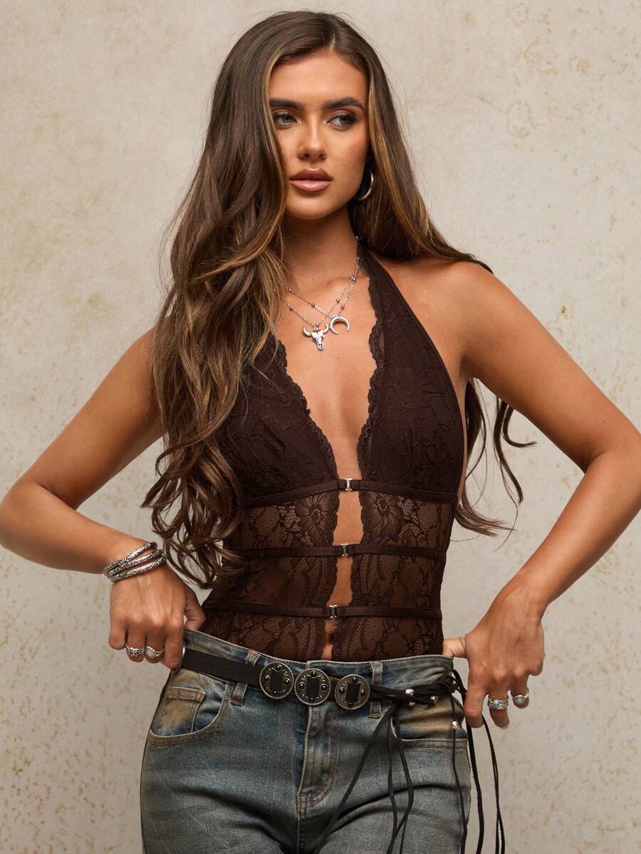 SHEIN BAE Women's Deep V-Neck Lace Slit Design Sexy Fashion Halter Bodysuit - Coffee Brown - View 1