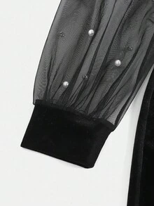 Pitira Tween Girls Partywear, Black Velvet Knit Sequin Mesh Glamorous Dress, Suitable For Halloween, Christmas, Spring Festival, Elegant Party, Gathering Black Dress For Tweens Girl Mesh Dress Tween Girl Tight Dress Black Birthday Dress For Kids 10 Years Old - Black - View 7