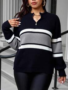 Vionelle Plus Size Color Block Striped Print Stand Collar Long Sleeve Sweater, For Winter Fall Cloth For Women