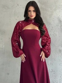 Firerie Women's Burgundy Stand Collar Long Sleeve Sequin Patchwork Knitted A-Line Maxi Dress, Sexy & Elegant For Banquet, Party, Burgundy A-Line Dress, Holiday Dress, Romantic Vintage Maxi Dress, Suitable For Spring, Autumn, Winter, Elegant, Commute, Date, Party, Wedding, Graduation, Performance, Concert, Work, Annual Meeting, Women's Birthday Dress,New Year Clothes - Burgundy - View 4
