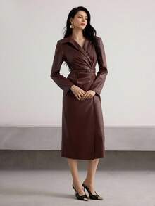 Heiryn 秋冬新款韩版通勤时尚立领配腰带时尚褶皱修身 PU 仿皮连衣裙 - 咖啡棕 - 查看 5