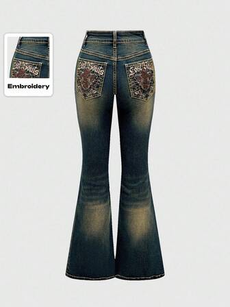 PETITE Damen Retro Y2K Leoparden-Muster Buchstaben bestickte Schlagjeans