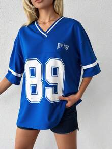 EURMUSE Letter Graphic Contrast Trim Drop Shoulder Tee - Royal Blue - View 3