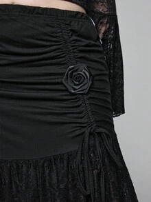 ROMWE EDITION Falda ajustado negra de sirena con volantes, encaje y lazo hecho a mano, estilo gótico palaciego para fiesta, talla grande para mujeres - Negro - Ver 3