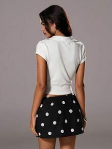 TRNVIE Women's Simple Solid Color V-Neck Button Front Fitted T-Shirt, Summer,White T Shirt,Summer Tops,Summer Clothes,Holiday,Summer,Sexy Tops - White - View 2