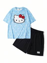 HELLO KITTY AND FRIENDS | SHEIN Unisex casual college stijl kattenprint blauw losvallend koppel T-shirt