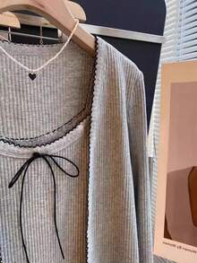 INAWLY 女士时尚休闲浪漫优雅度假吊带背心和开衫两件套 - 灰色 - 查看 4