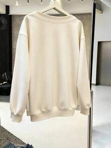 SHEIN EZwear 大码女式纯色V领大码宽松休闲运动衫，百搭外出，适合秋冬季 - 杏色 - 查看 2