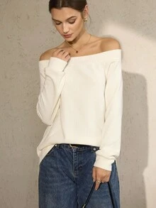 Lymera 女士优雅商务露肩柔软针织条纹长袖T恤上衣，适合工作、办公室、外出、教师等场合，秋冬季工作、办公室、新年、外出、圣诞派对、通勤等场合穿着。 - 白色 - 查看 7